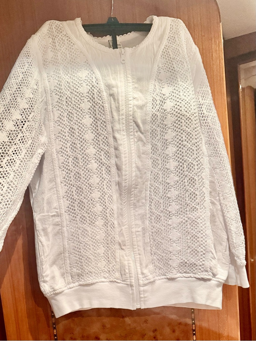 NWOT Blanco White Crochet Knit Zip Lace Front Cardigan M
